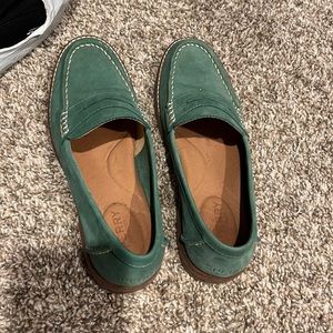Sperry green suede loafers, size 7 used